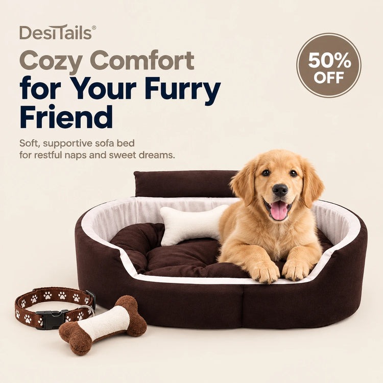 DesiTails® Pet Sofa Bed with Collar & Bone Toy (Small, Brown/White) DesiTails®