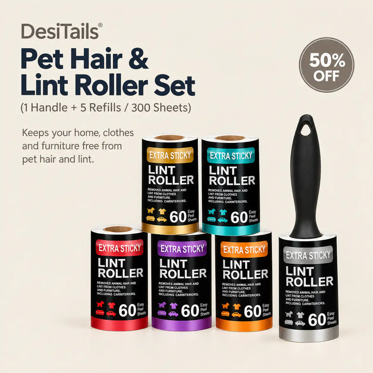 DesiTails® Pet Hair & Lint Roller Set (1 Handle + 5 Refills / 300 Sheets)
