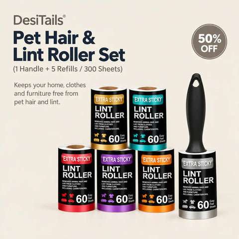 DesiTails® Pet Hair & Lint Roller Set (1 Handle + 5 Refills / 300 Sheets)
