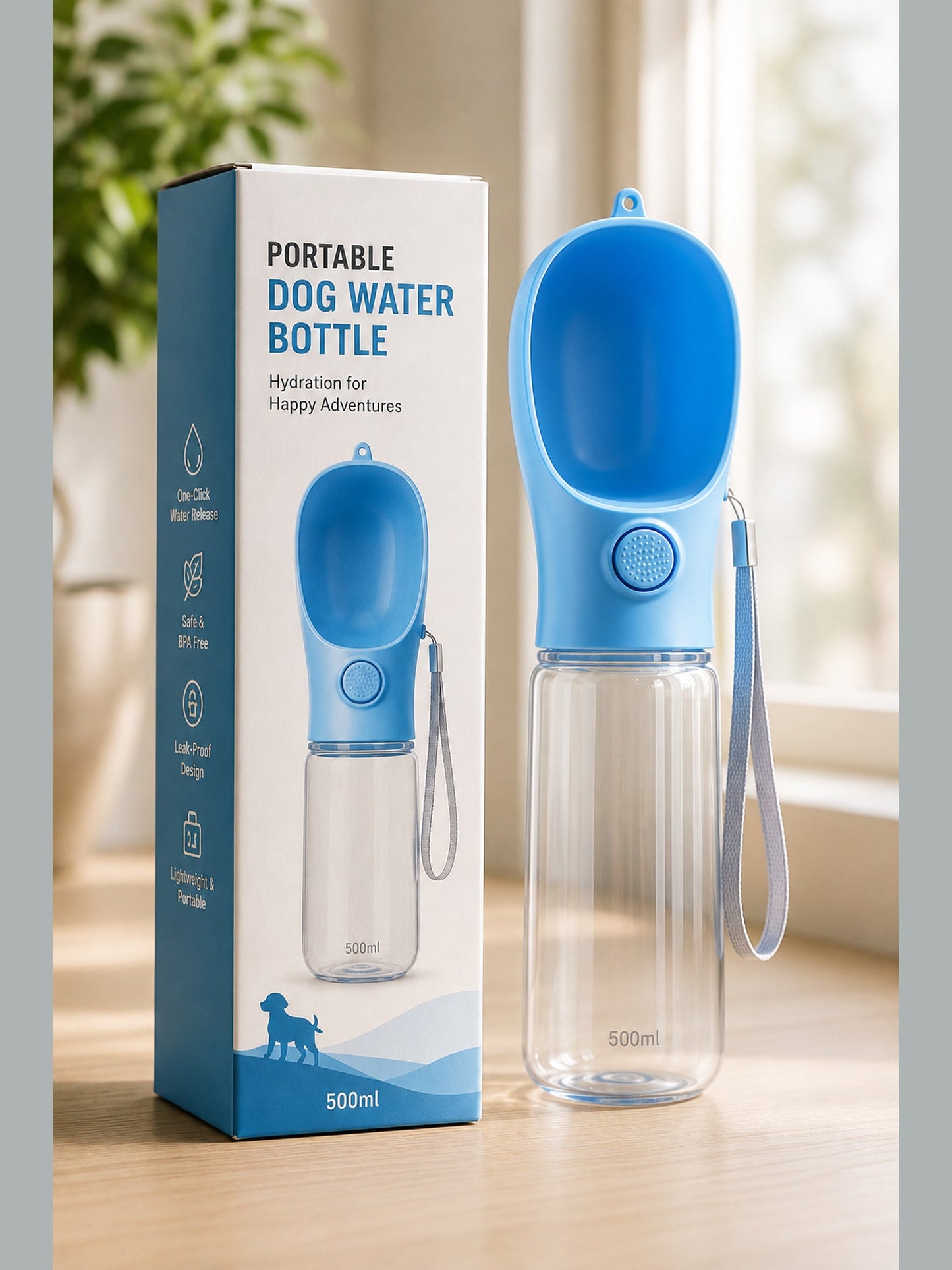 DesiTails® 500ml Portable Dog Water Bottle – Leak-Proof Puppy Water Dispenser with Drinking Feeder | Food Grade Plastic for Outdoor Walking, Hiking & Travel