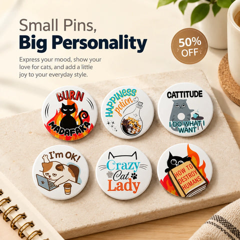 DesiTailsĀ® Funny Cat Meme Pin Badges (Set of 6) DesiTailsĀ®