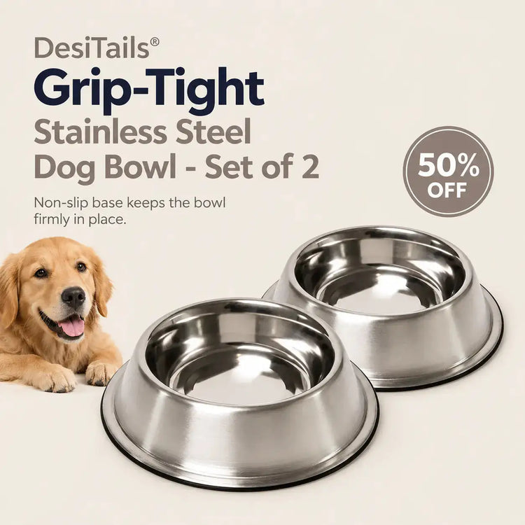 DesiTails® Grip-Tight Stainless Steel Dog Bowl - Set of 2