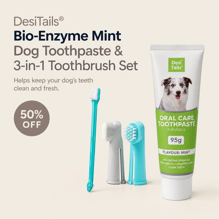 DesiTails® Bio-Enzyme Mint Dog Toothpaste & 3-in-1 Toothbrush Set, 95g, helps keep dogs' teeth clean and fresh. 50% OFF.