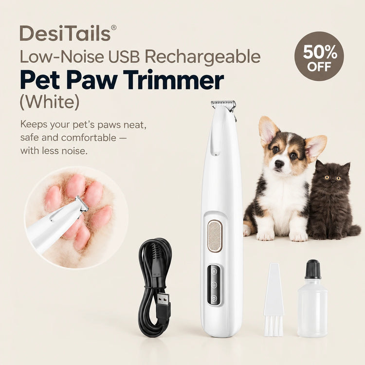 DesiTails® Low-Noise USB Rechargeable Pet Paw Trimmer (White) DesiTails®