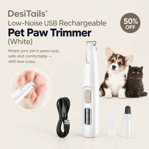 DesiTails® Low-Noise USB Rechargeable Pet Paw Trimmer (White) DesiTails®