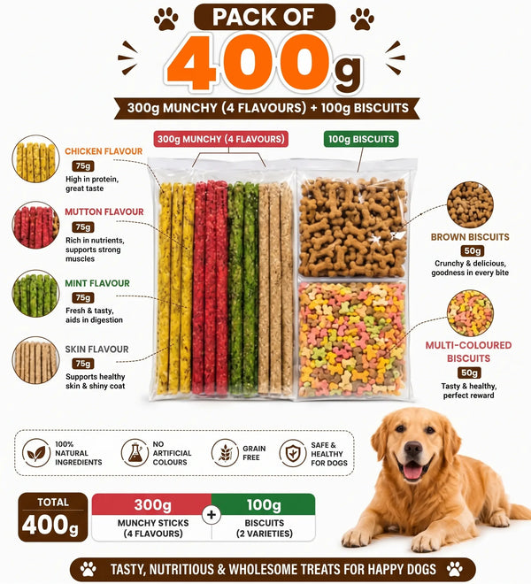 DesiTails® Healthy Dog Treat Combo Pack (300g Munchy Sticks + 100g Biscuits)