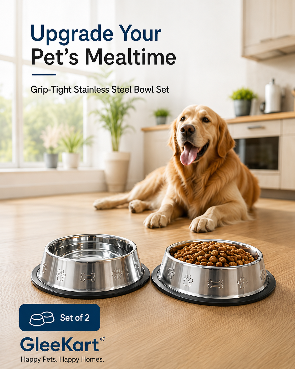 DesiTails® Grip-Tight Stainless Steel Pet Bowl - Set of 2