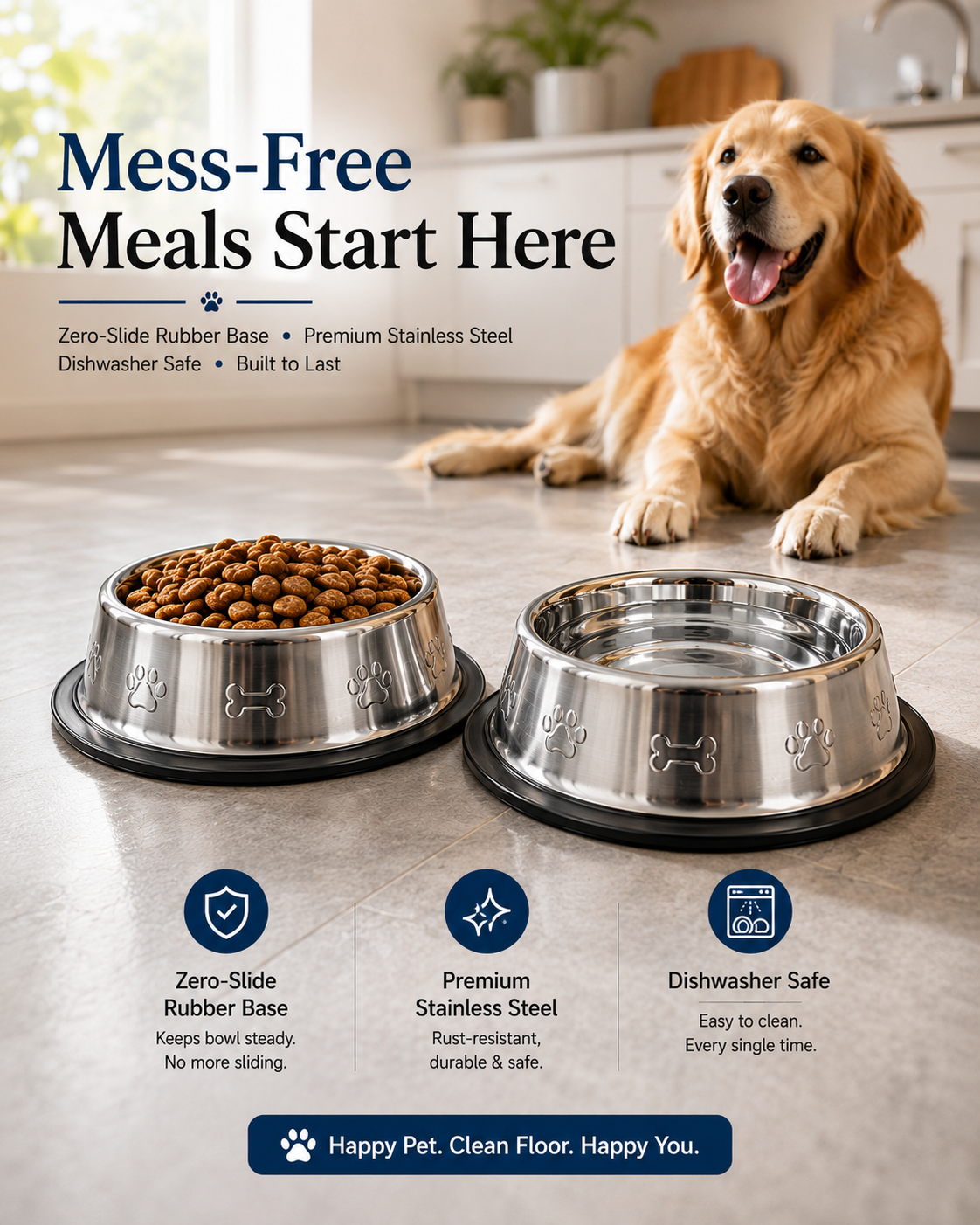DesiTails® Grip-Tight Stainless Steel Pet Bowl - Set of 2