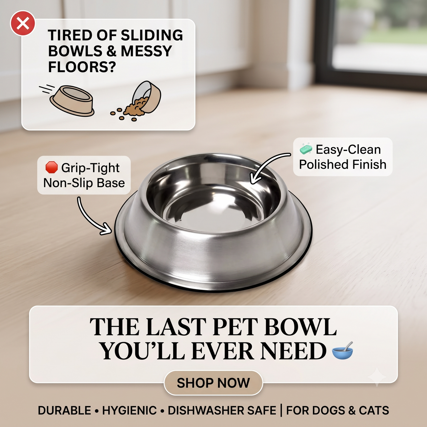 DesiTails® Grip-Tight Stainless Steel Dog Bowl - Set of 2