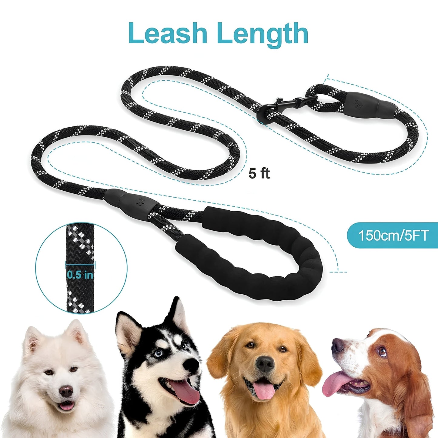DesiTails® Reflective Rope Dog Leash – Padded Handle, 360° Metal Clasp, 5 ft | For Small, Medium & Large Dogs