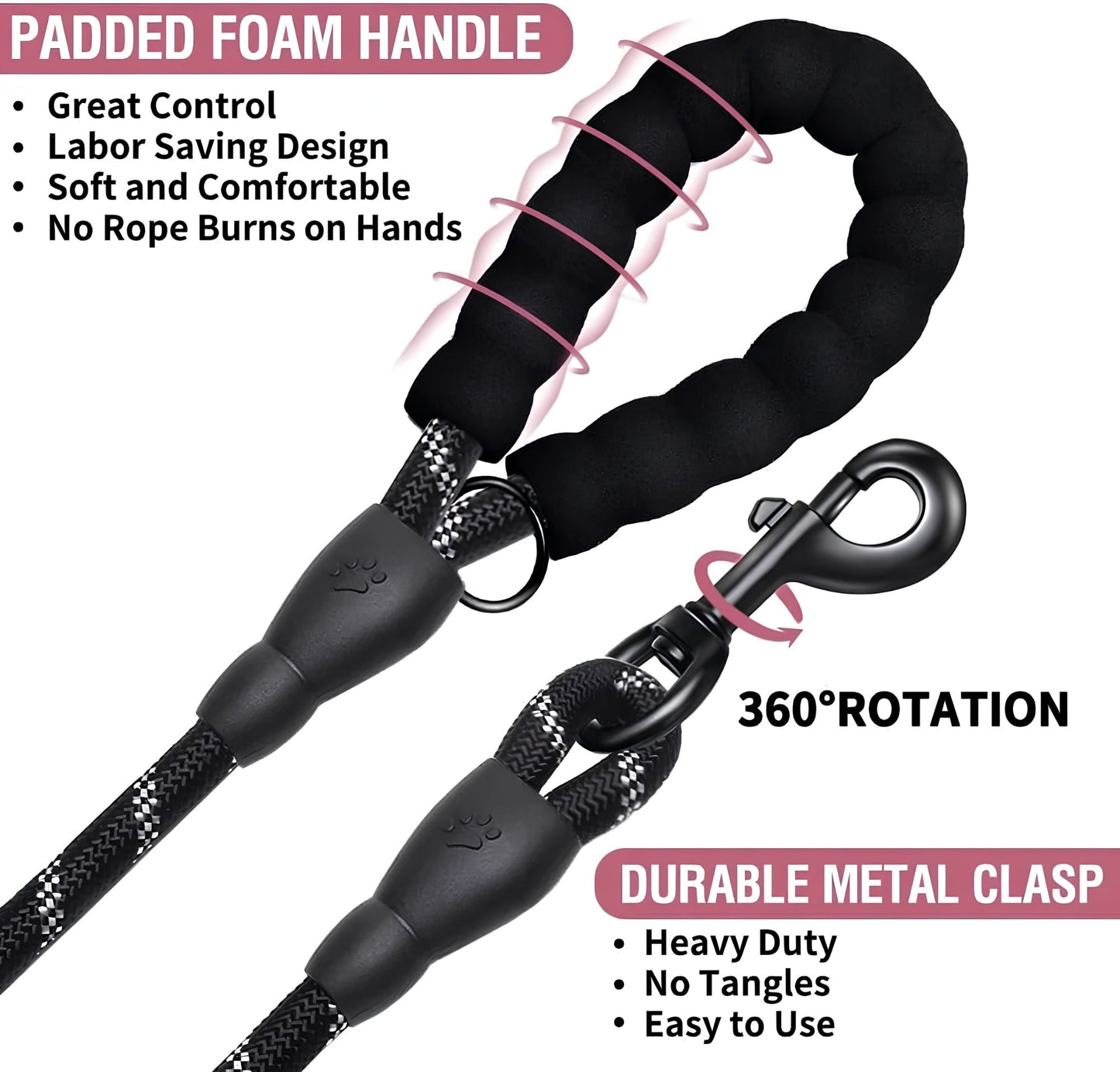DesiTails® Reflective Rope Dog Leash – Padded Handle, 360° Metal Clasp, 5 ft | For Small, Medium & Large Dogs