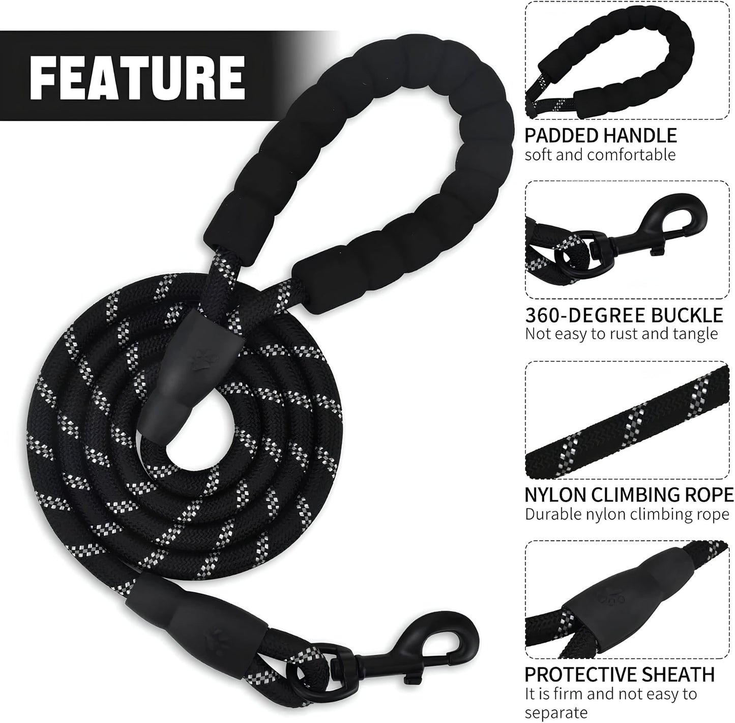 DesiTails® Reflective Rope Dog Leash – Padded Handle, 360° Metal Clasp, 5 ft | For Small, Medium & Large Dogs