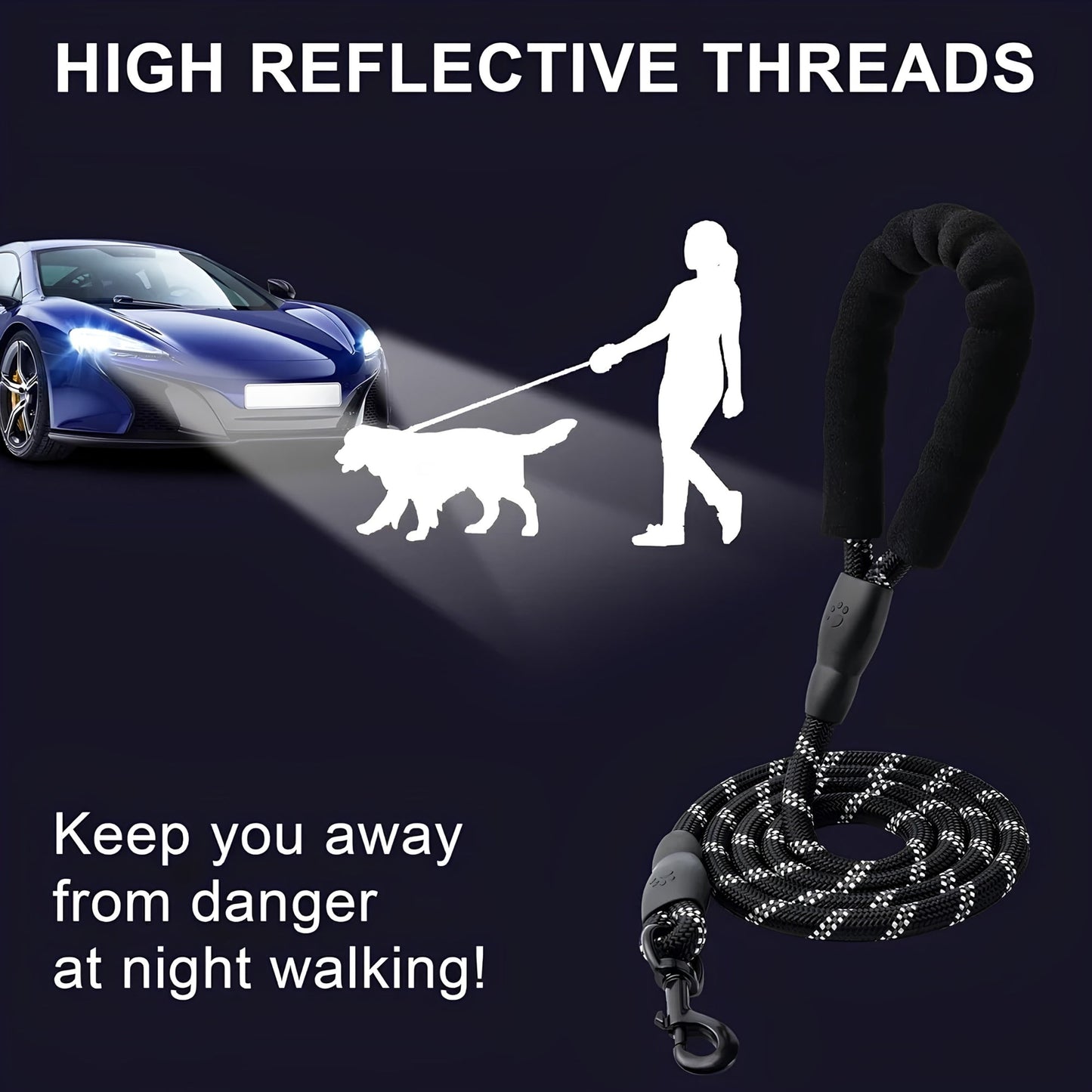 DesiTails® Reflective Rope Dog Leash – Padded Handle, 360° Metal Clasp, 5 ft | For Small, Medium & Large Dogs