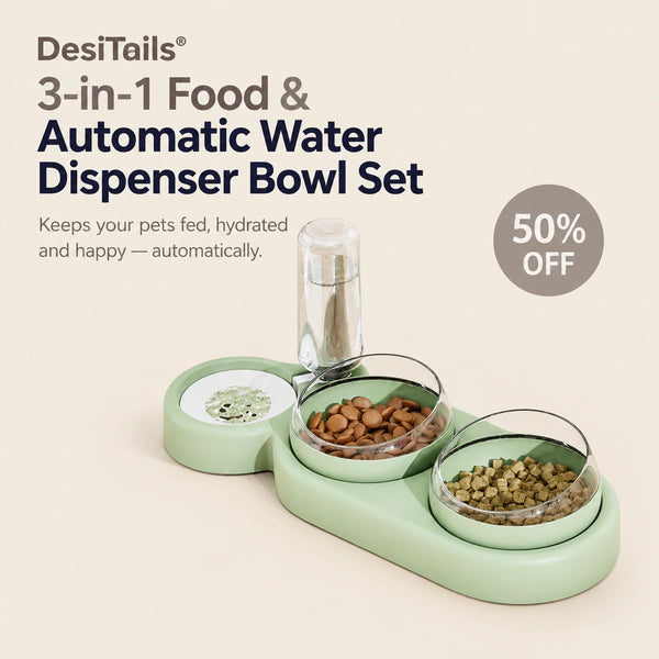 DesiTails® 3-in-1 Food & Automatic Water Dispenser Bowl Set for Dogs & Cats