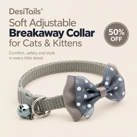 DesiTails® Soft Adjustable Breakaway Cat & Kitten Collar with Bell & Bow (Grey)