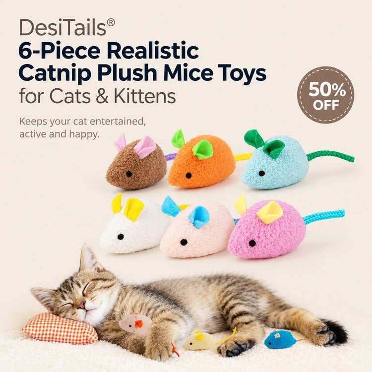 DesiTails® 6-Piece Realistic Catnip Plush Mice Toys for Cats & Kittens